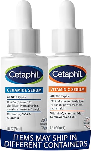 Cetaphil Vitamin C Serum, Reduces Look of Dark Spots, Fragrance Free 1oz + Ceramide Serum, Hydrates and Restores Skin Barrier, Designed for Sensitive Skin, 1oz Bundle