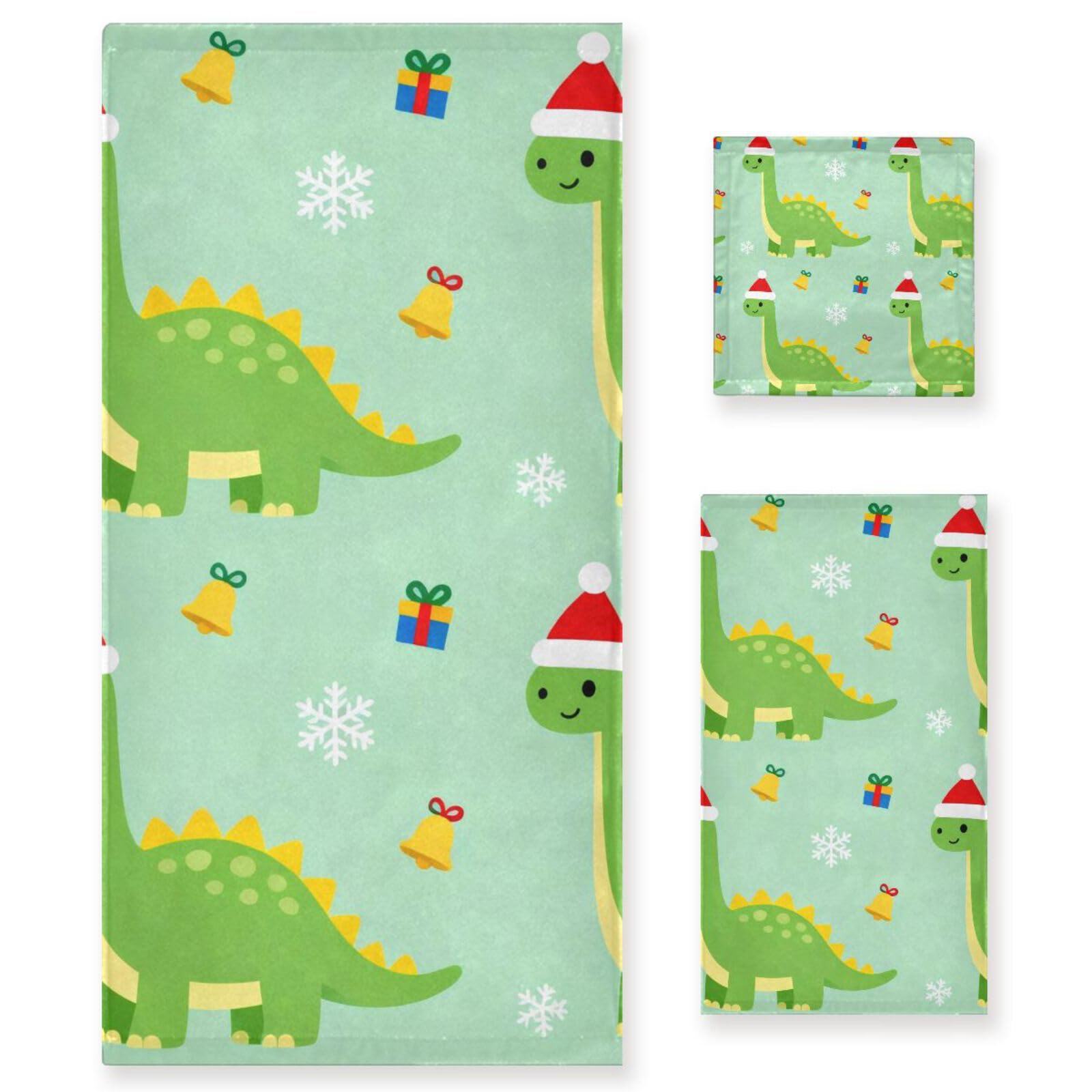 Merry Christmas Dinozaur zielony zestaw ręczników do czyszczenia twarzy 3 sztuki, 1 ręcznik kąpielowy 1 ręcznik do rąk 1 ściereczka do łazienki kuchni