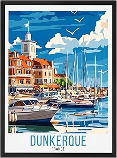 Dunkerque France Travel Poster Print - Vintage Harbor Scene with Boats and Seaside Buildings for Living Room Decor, Office Wall Art, Gift