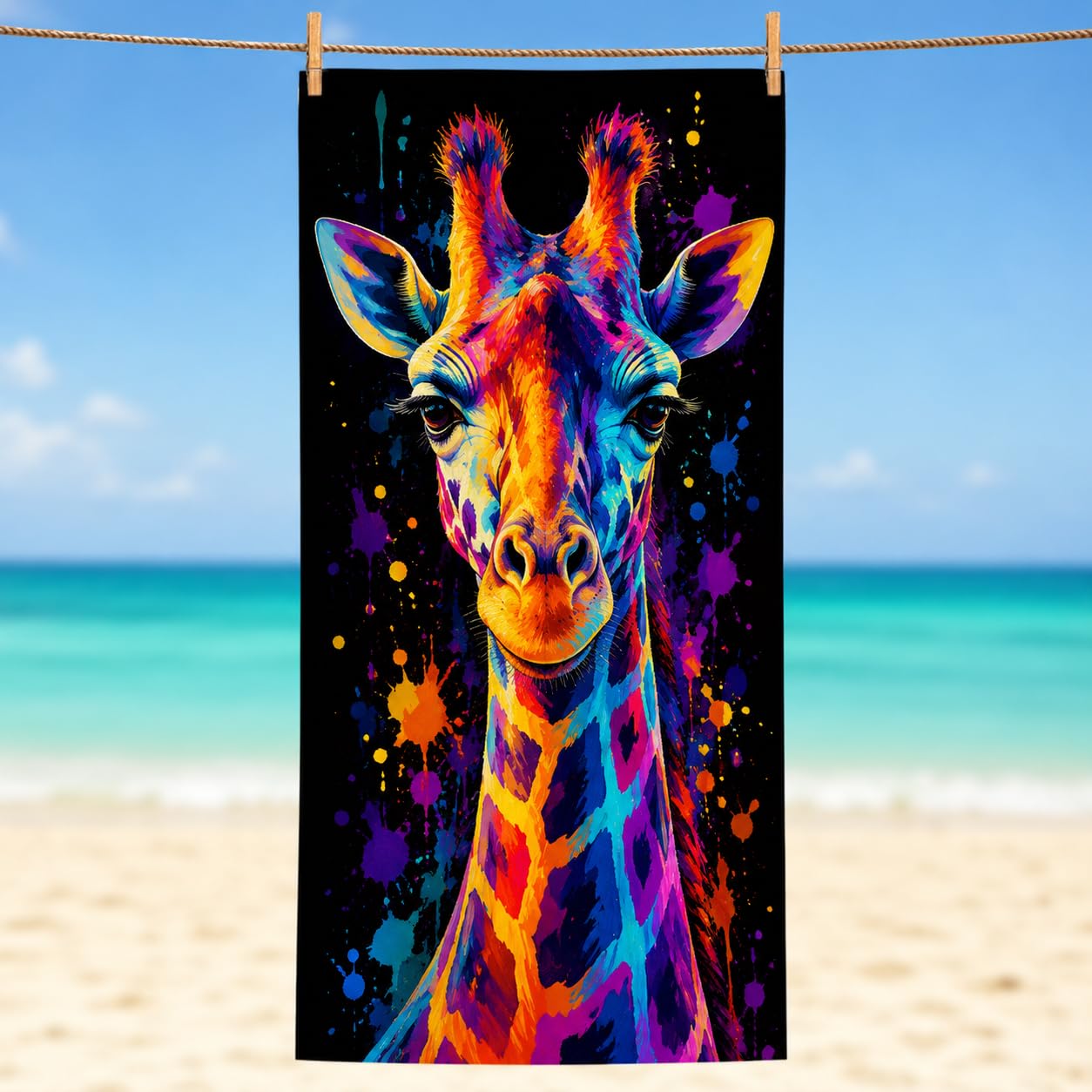 Telo Mare Microfibra Giraffa Colorata Asciugatura Rapida | Asciugamano da Spiaggia Giraffa Astratta, 145x200 cm, Assorbente, Accessori Mare, per Palestra Viaggio