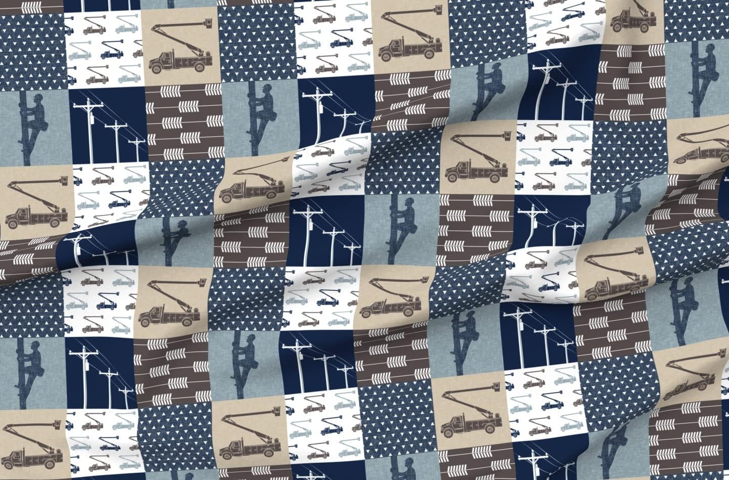 Spoonflower Fabric - Lineman Patchwork Tan Brown Arrows Navy Arrow Power Lines Bucket Truck Printed on Organic Cotton Sateen Fabric by The Yard - Sewing Quilting Apparel Home Decor