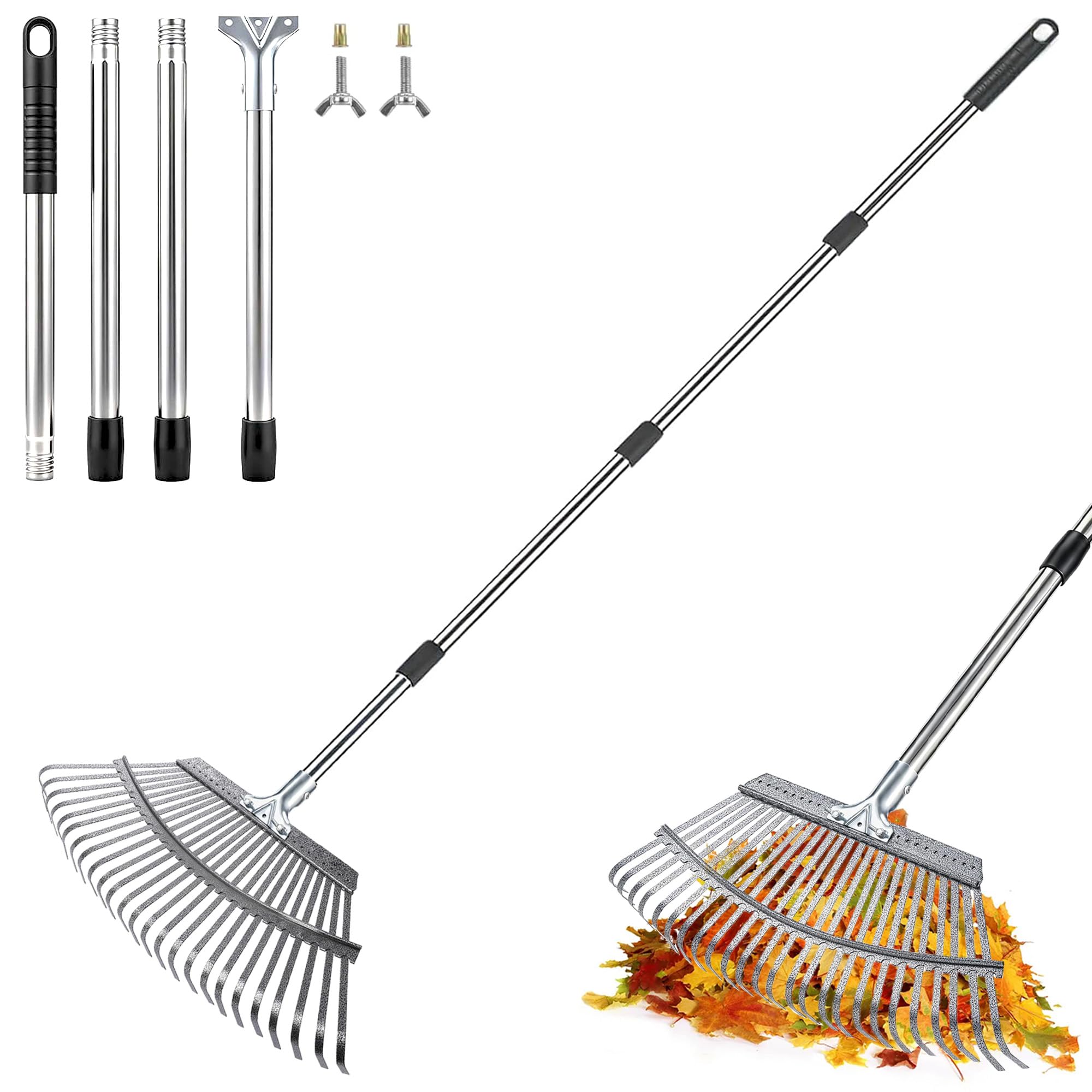 Leaf Rake, 18” Wide Metal Garden Leaf Rake with 158cm Adjustable Long Handle, 25 Metal Garden Rake for Gardening Gathering Leaves, Yards, Garbage, Weeds, Debris