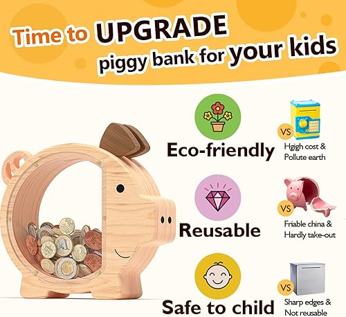 Miniatura 3 de Summidate Alcancía de madera para niños, bonita caja de dinero para niños y niñas, banco de monedas de madera irrompible, tarro de dinero de ahorro