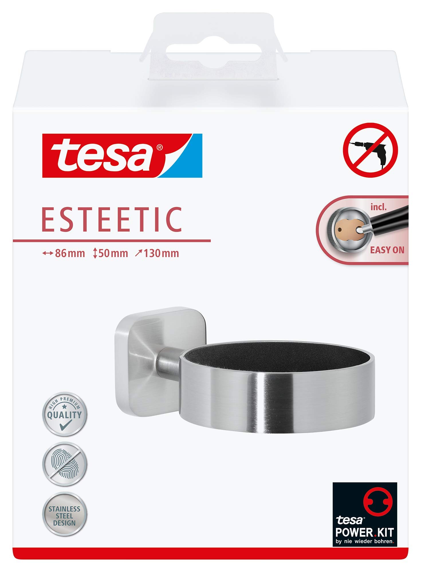 tesa ESTEETIC uchwyt na suszarkę do włosów o wyglądzie stali szlachetnej, szlachetny design, z rozwiązaniem klejącym, mocne trzymanie, 128 mm x 86 mm x 50 mm