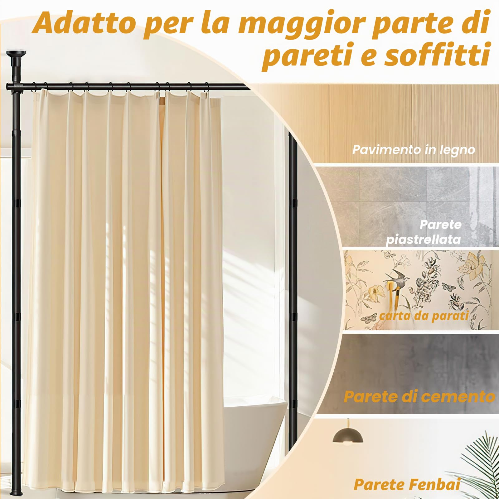separè per interni, Regolabile asta per tende da pavimento, Separe Divisorio Interno, 122-305 cm * 71-180 cm, Bastoni per tende divisori senza tenda, per soggiorno e camera da letto - nero