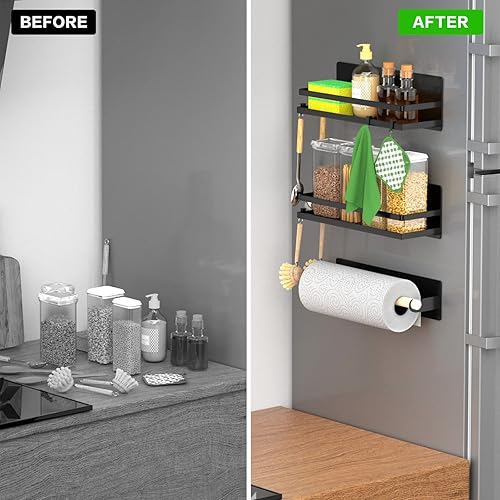 Miniatura 5 de Estante magnético fuerte para especias, soporte magnético para toallas de papel con ganchos para refrigerador, organizador de refrigerador, para