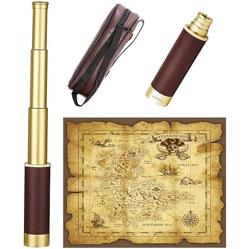 Retro Pirate Telescope Zoomable with Treasure Map 25x30 Spyglass Portable Collapsible Handheld Telescope Vintage Monocular for Kids & Survival Gear