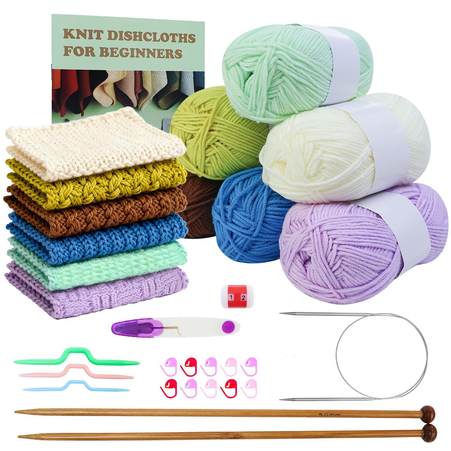 Knitiss Knitting Kit for Beginners with Tutorial, Knitting Starter Kit for Adults with Knitting Needles & Yarn, Complete Knitting Set with 6 Dishcloth Patterns, Knitting Gift Set