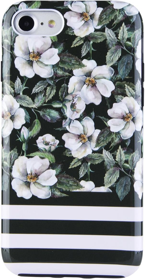 Dimaka Case for iPhone 7 & iPhone 8 Case for Girls, Floral Flower with White/Black Stripes [High Impact][Hybrid 2 Layers] Soft Bumper and Hard PC for iPhone 7 and iPhone 8 (Camellia Eden)