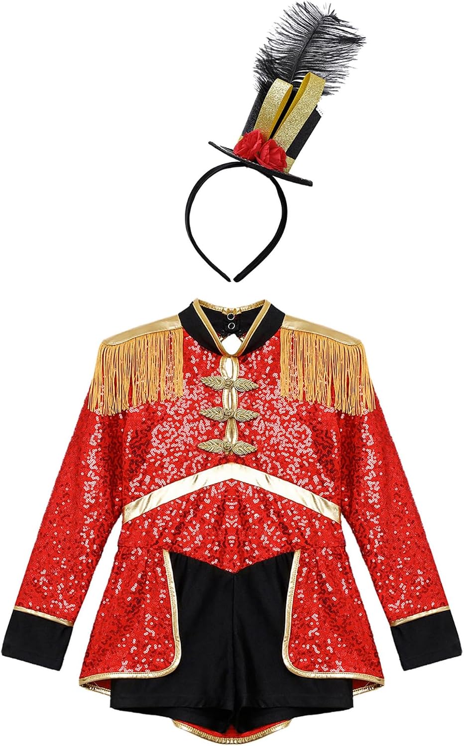 Kids Girls Circus Ringmaster Outfits Shiny Sequins Drummer Jumpsuit with Hat Set Marching Band Team Uniform