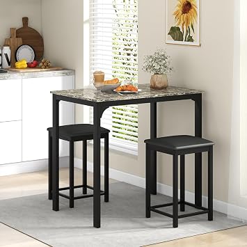 GOFLAME 3-Piece Dining Table Set for 2, Kitchen Counter Height Table and Chairs Set with Faux Marble Tabletop, Padded Stools, Modern Bar & Pub Table Set for Dining Room, Restaurant (Black & Beige)
