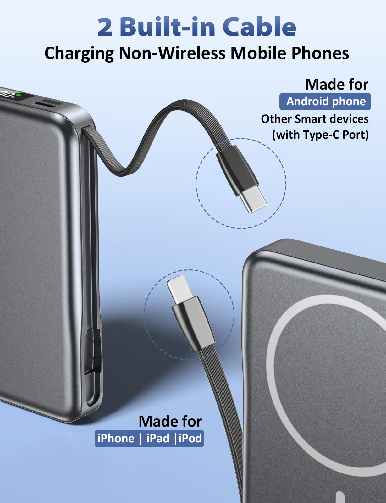 Power Bank 10000mAh, Magnético Batería Externa Compatible con MagSafe, PD 20W Cargador Portátil con Cables Integrados, Powerbank para iPhone 16/15/14/13 Pro MAX Serie - Gris Oscuro