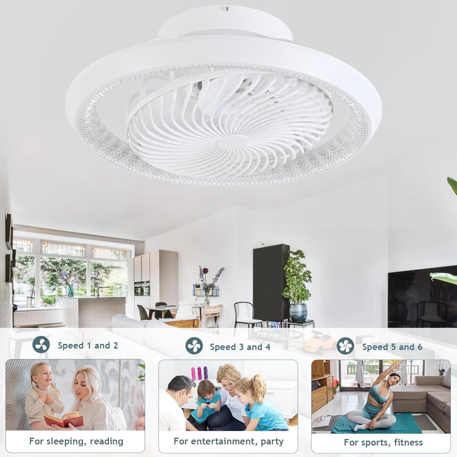 Ventilatore da Soffitto con Luce e Telecomando, Silenzioso Lampadario Ventilatore da Soffitto, 75W Dimmerabile Plafoniera con Ventilatore, Rotazione a 360°, Reversibile, 6 Velocità, Bianco