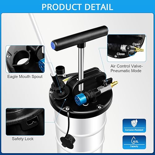 Miniatura 8 de YSTOOL Juego de bomba extractora de fluidos neumática y manual de 6.5L con evacuador de cambio de vacío de aceite, tubos de extensión y manguera de