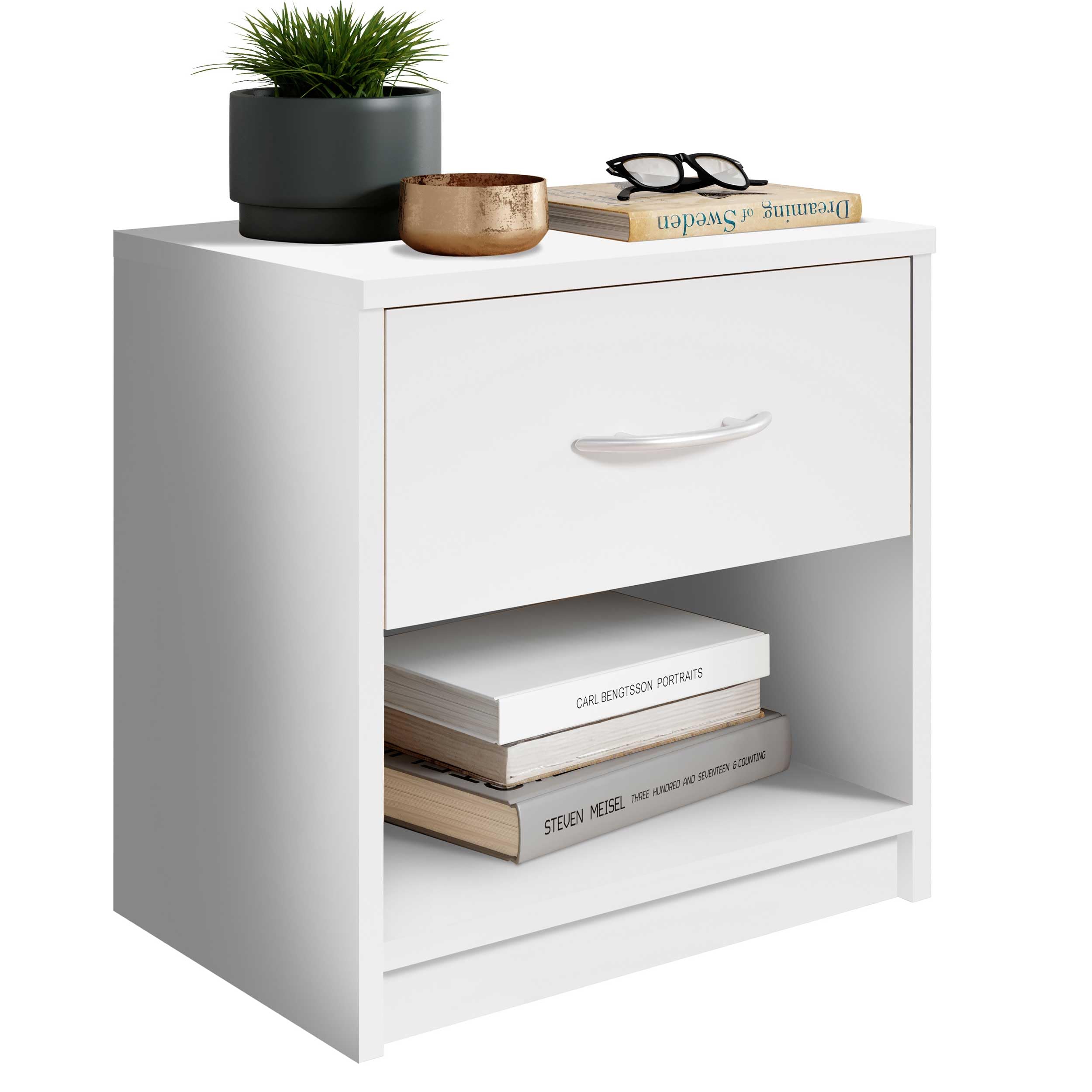 Stella Trading Bedside Table, Wood, White, 28 x 39 x 41 cm