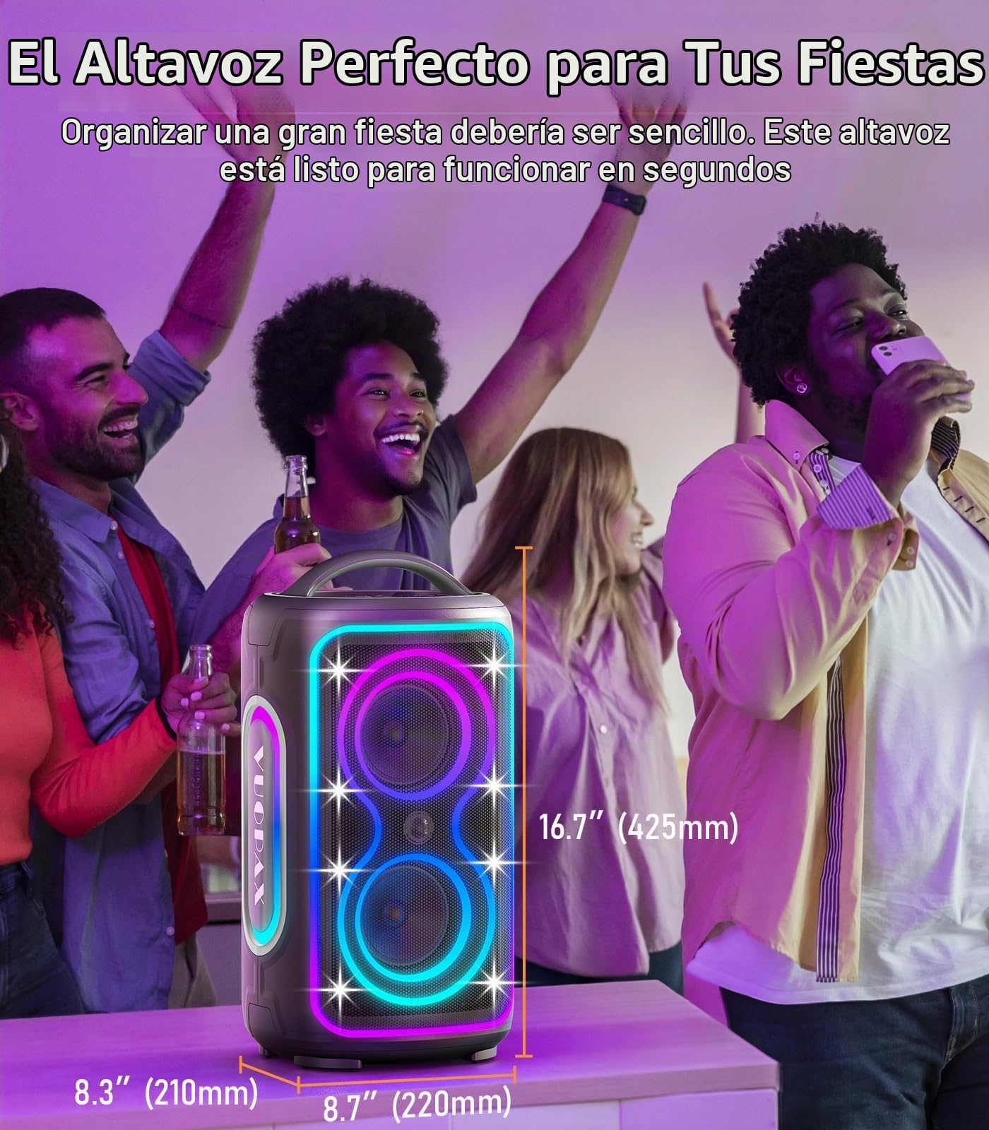 Altavoz Bluetooth Portátil,200 W Máx, Graves Potentes, IP65 | 24 h de autonomía, luces RGB, Bluetooth 5.4,TWS yUSB/TF/AUX/Mic para fiestas, camping y exteriores