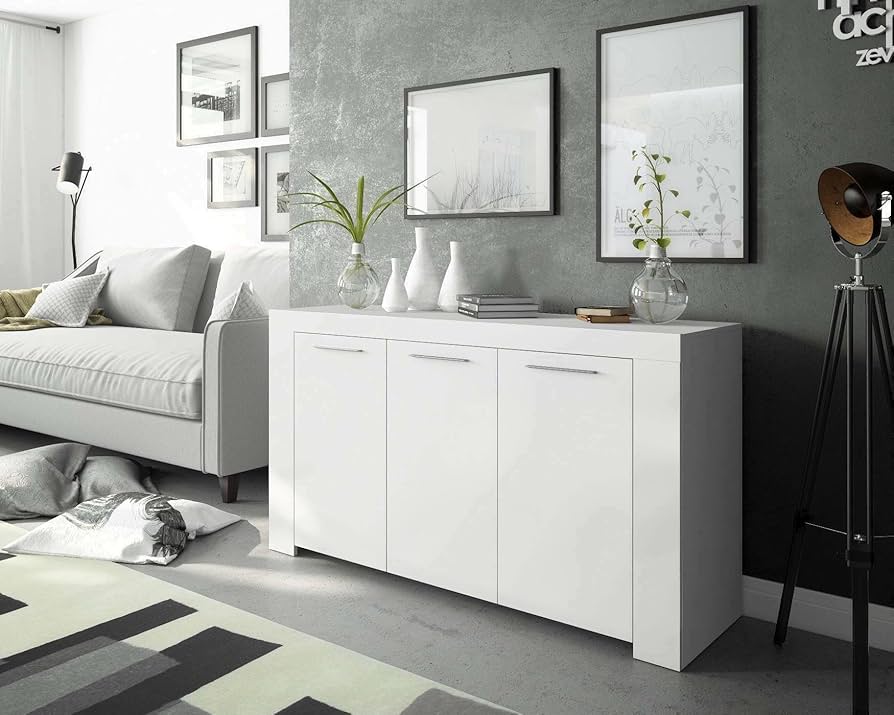 Credenza Soggiorno HOMCOM 140x40cm - Con 2 Ante, Ripiani Regolabili E Chiusura Ammortizzata | Bianco Lucido - Foto 4
