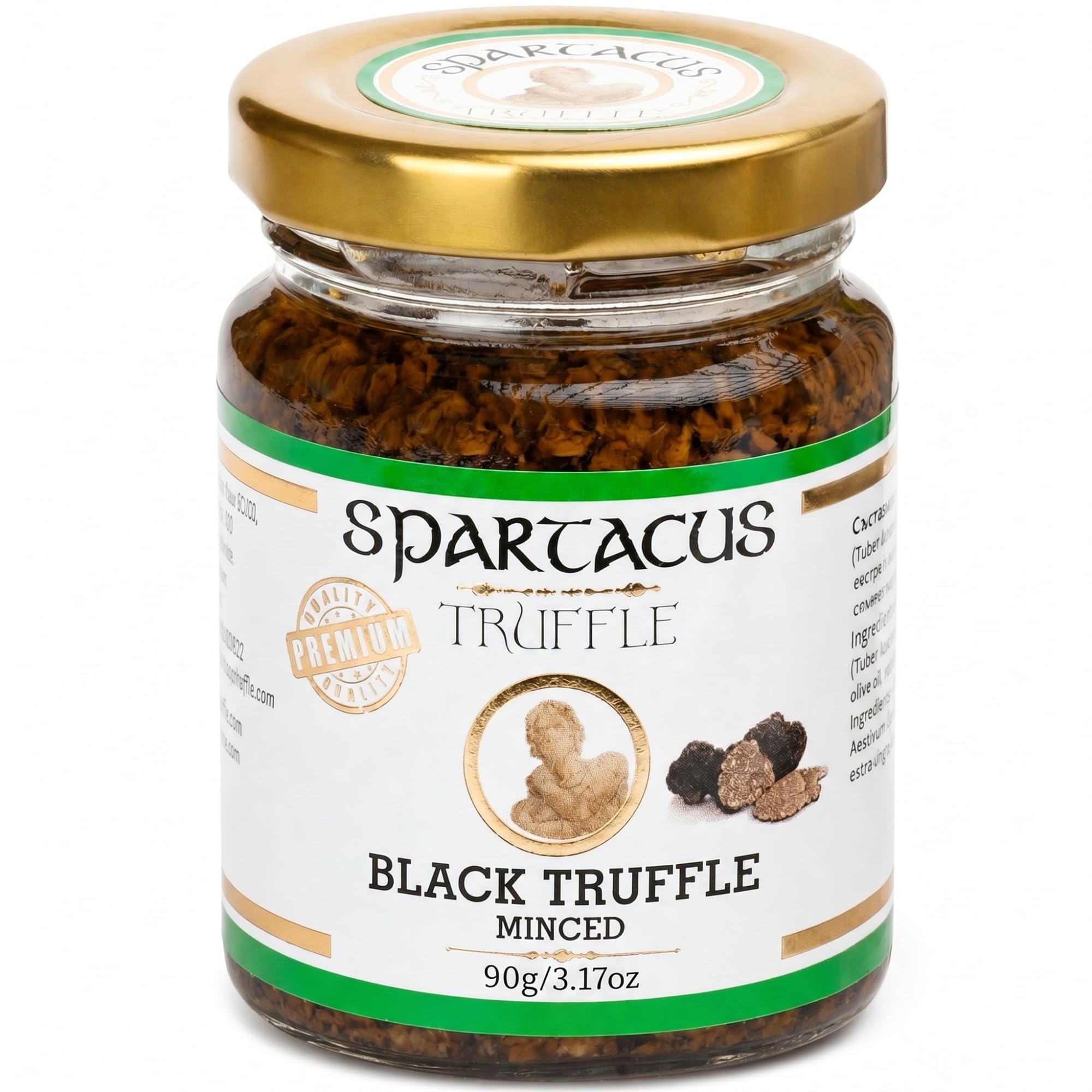 Spartacus Truffle Truffe Noire Hachée 90 g Gourmet Premium Bocal | Tuber aestivum récolté à la main, 3 ingrédients, sans additifs ni conservateurs, végétalien, sans gluten, 60-65 g de truffe