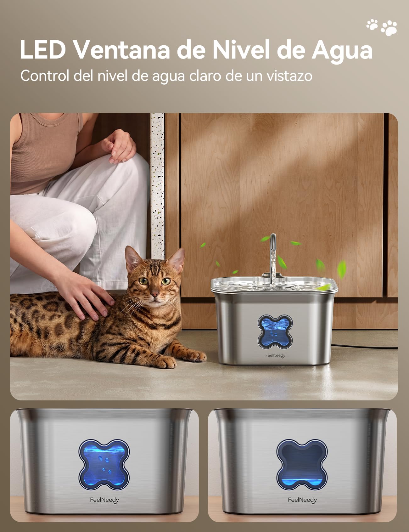 FEELNEEDY Fuente para Gatos Acero Inoxidable 2,8L, Bebedero Gatos con Cable y Filtración de Cuatro Capas, Fácil de Limpiar, Apta para Lavavajillas
