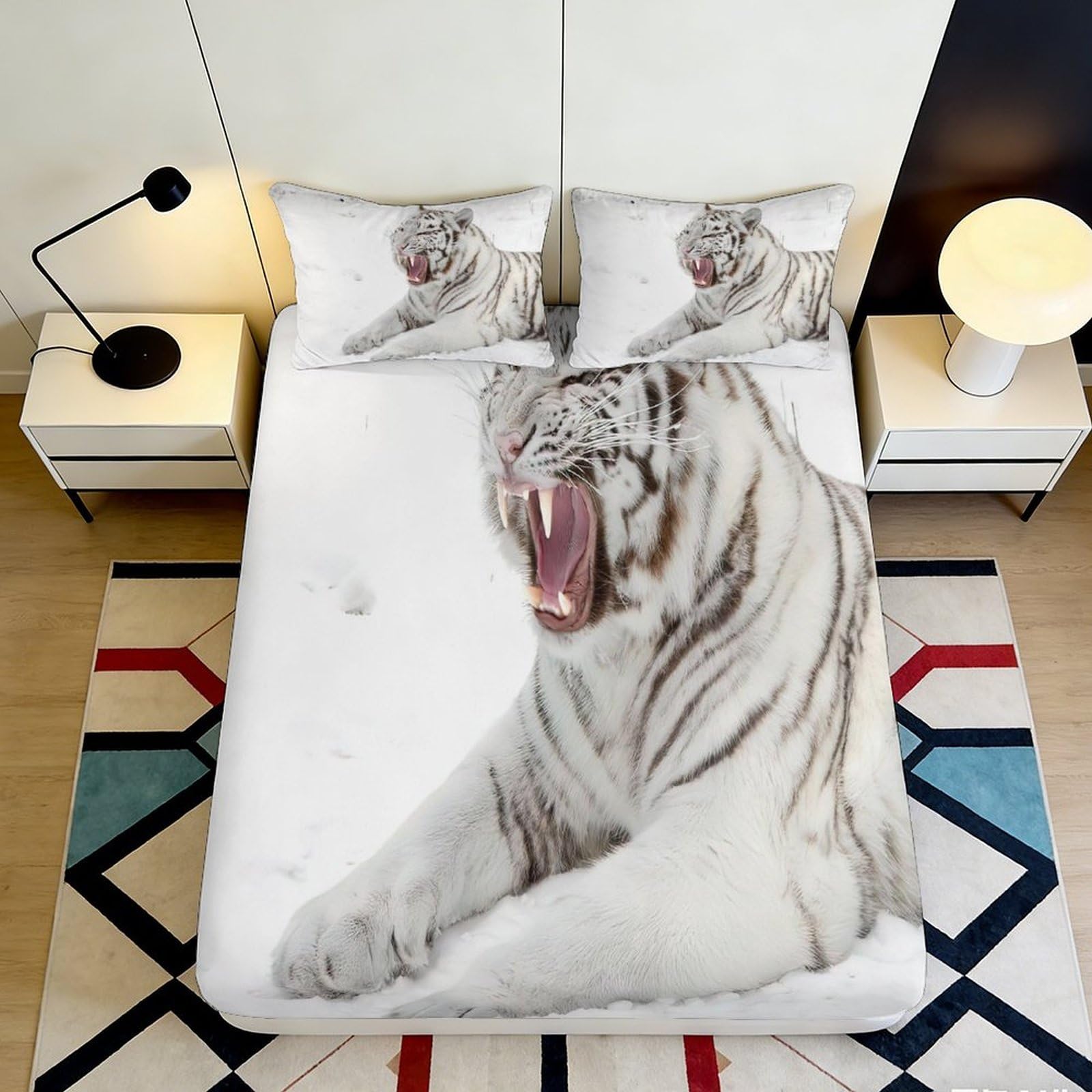 3D Printed White Tiger Fitted Sheet Microfiber Soft Durable Roaring Tiger Bed Cover for Bedroom Dormitory Guest Room Mattress Protection Decor 180x200x25cm