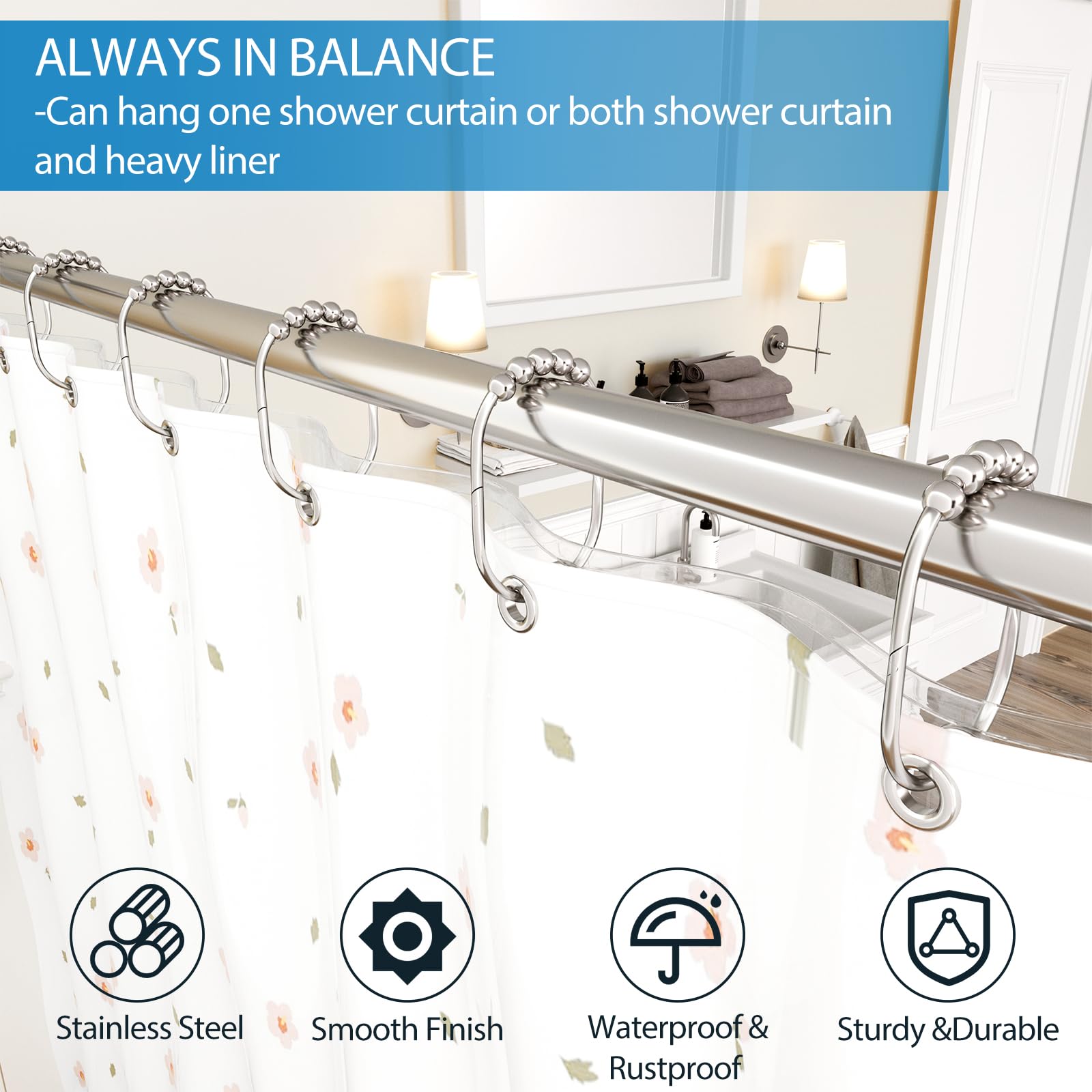 Shower Curtain Hooks Rings, Rust-Resistant Metal Double Glide Shower Hooks For Bathroom Shower Rods Curtains Set Of 12 Hooks Black Black F81941