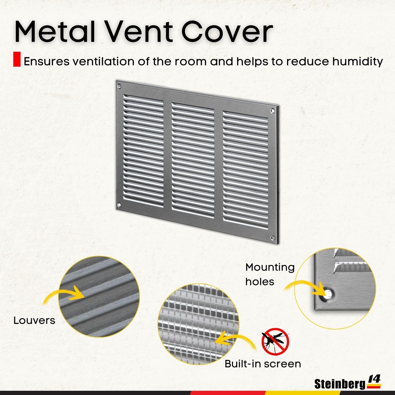 Steinberg14 Rejilla de Ventilación de Acero Inoxidable 300x200mm, con Protección Contra Insectos, ideal para ventilación, medidas 30x20 cm