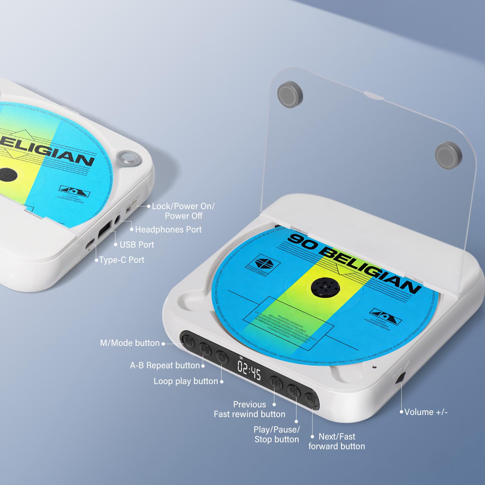 Discman piccolo lettore CD Bluetooth 5.3 con 2000mAh ricaricabile portatile lettore CD con cuffie USB e ingresso AUX per amanti della musica regalo (Bianco)