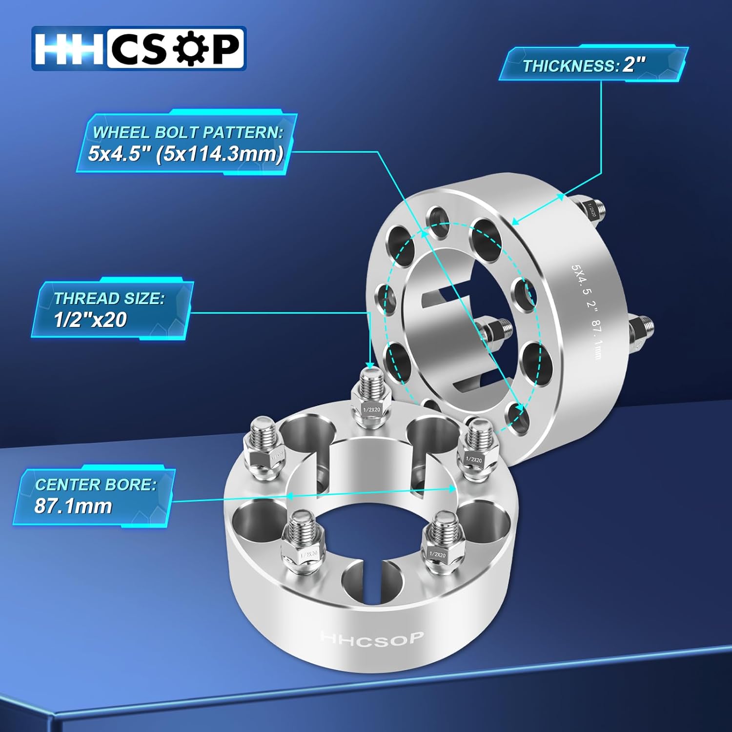 5x4.5 Wheel Spacers 2" (50mm) for Jeep Cherokee Wrangler Comanche Grand Cherokee Liberty/ Ford Ranger Mustang Explorer/ Mercury Lincoln, 2PCS 5x114.3mm Wheel Adapter 87.1mm Hub Bore with 1/2"x20 Studs