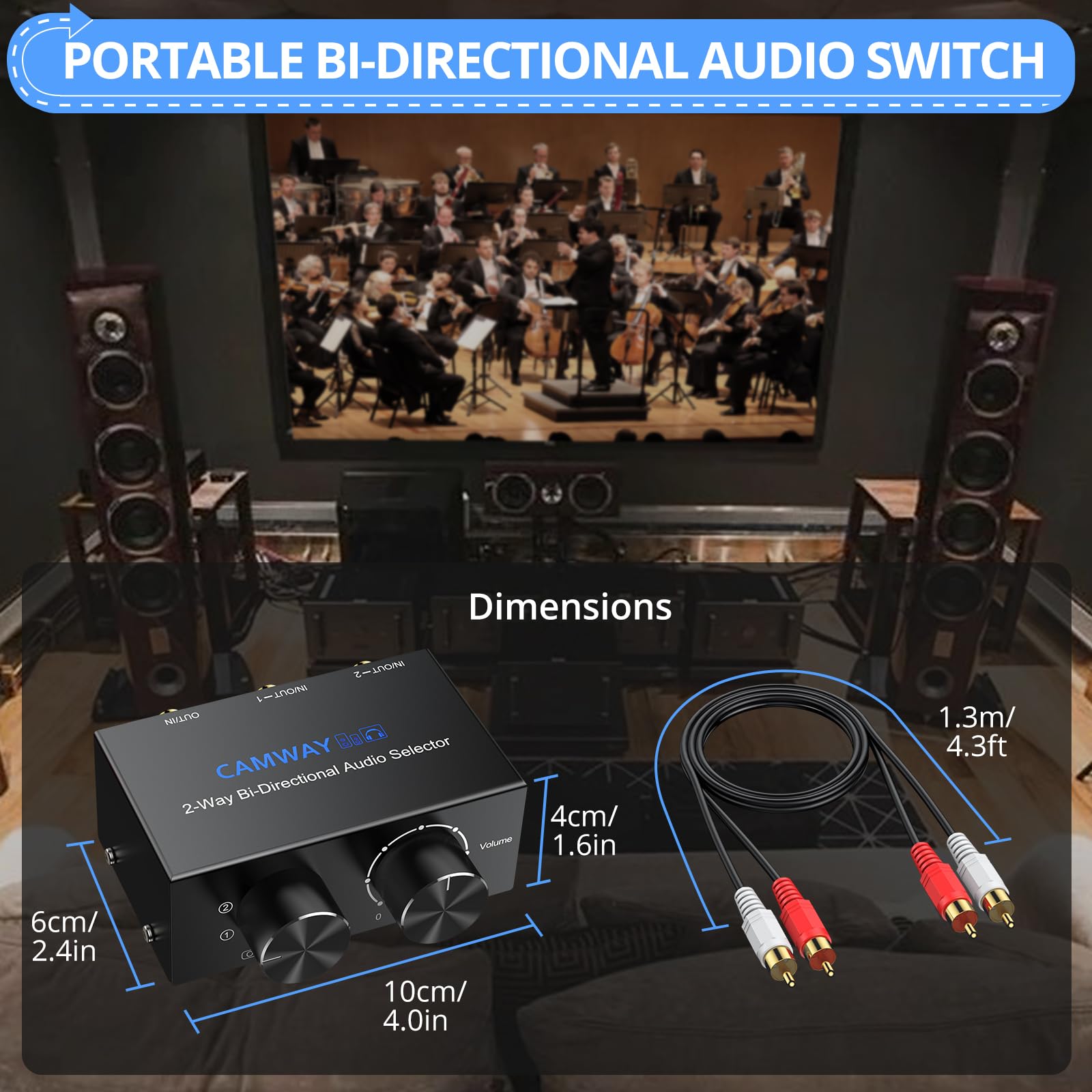 CAMWAY RCA L/R i pomocniczy przełącznik audio 3,5 mm, wyjście 2 w 1, 1 w 2 wyjściach, dwukierunkowy przełącznik audio stereo z regulacją głośności i pokrętłem wyłączania