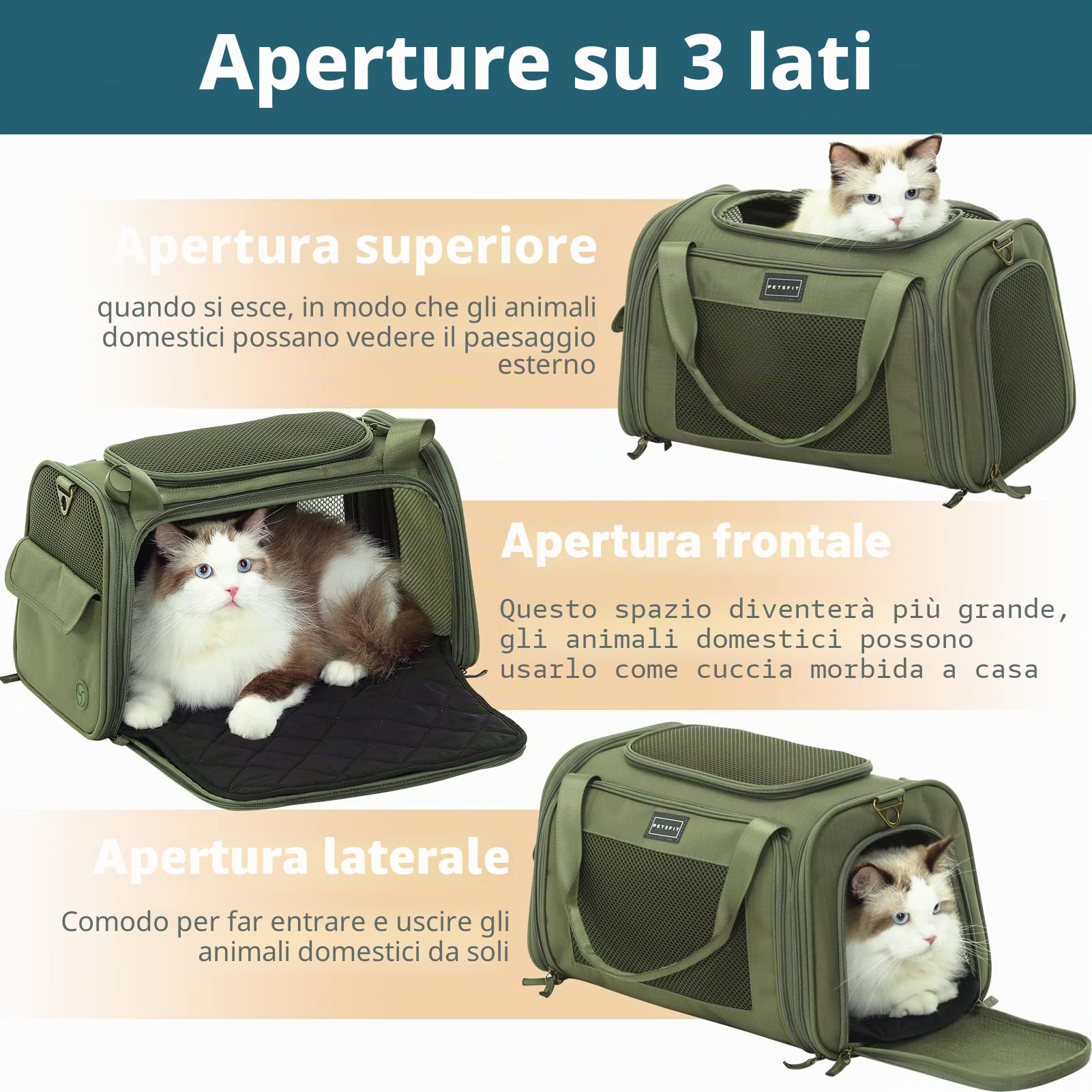 Petsfit Trasportino per Gatti Grande, Trasportino per Cani Piccolo e Grande con Materassino Morbido Espandibile, Borsa da Trasporto Pieghevole Approvata per Compagnie Aeree con Ventilazione in Tessuto