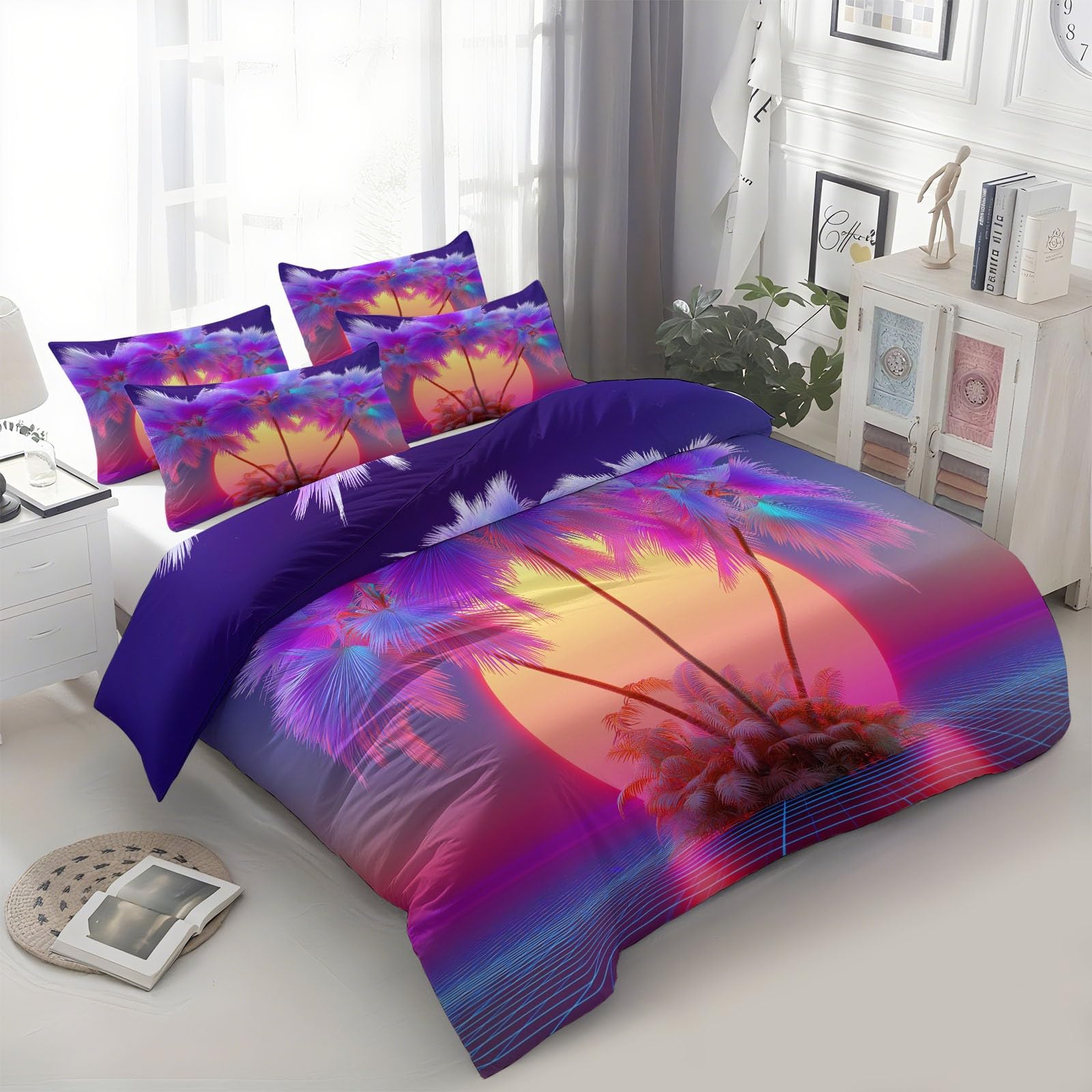 Poszwa na kołdrę dziecięca fioletowa 200 x 200 cm i 2 poszewki na poduszkę 65 x 65 cm, zestaw pościeli z mikrofibry z palmami plażowymi 3D, 2-osobowy zestaw pościeli z zamkiem błyskawicznym dla
