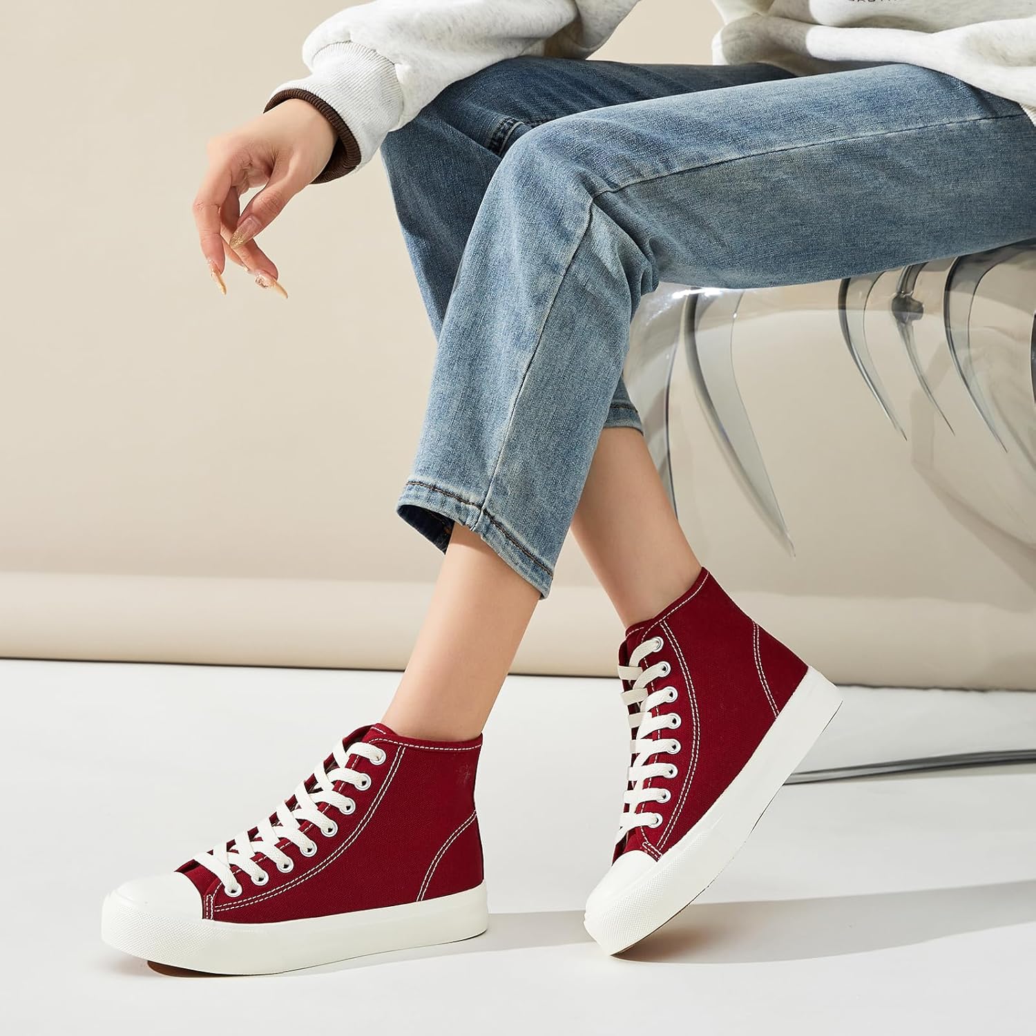 Uoidru High Top Sneakers for Women Canvas Shoes White Canvas High Tops Women Casual Shoes Lace Up Fashion Sneakers - Image 2