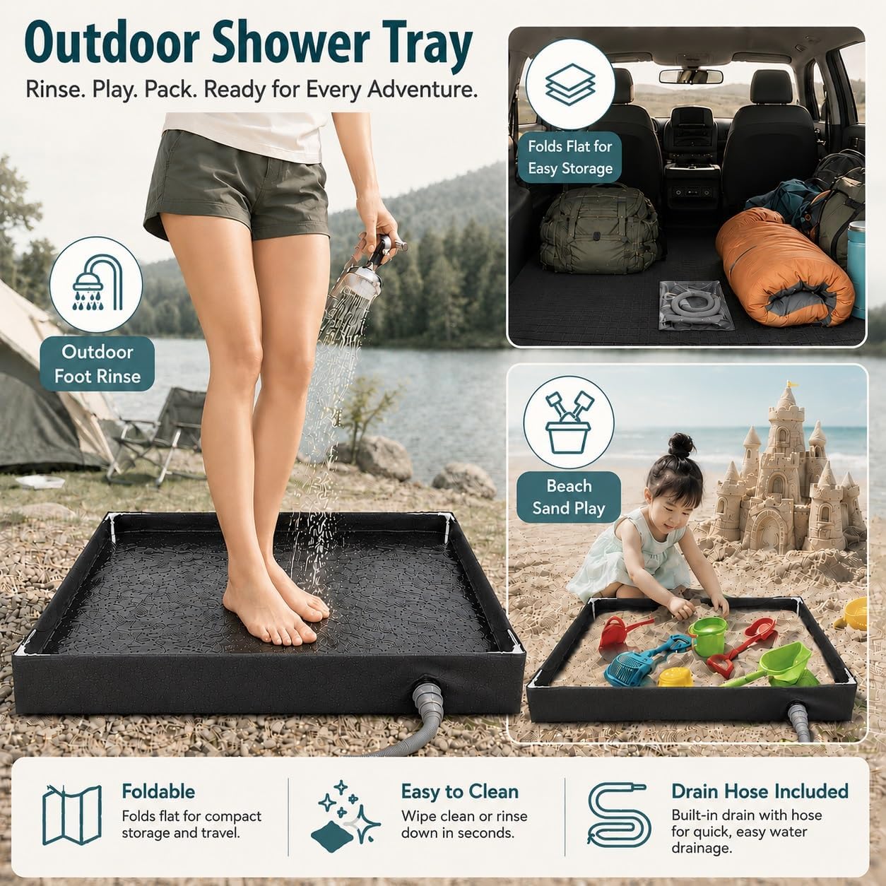 Upgraded Portable Shower Pan, 31.5"×31.5" Foldable Camping Shower Base & Floor with Detachable Drain Pipe Ideal for Camping RV Outdoor Indoor, Portable Shower Stall image 2