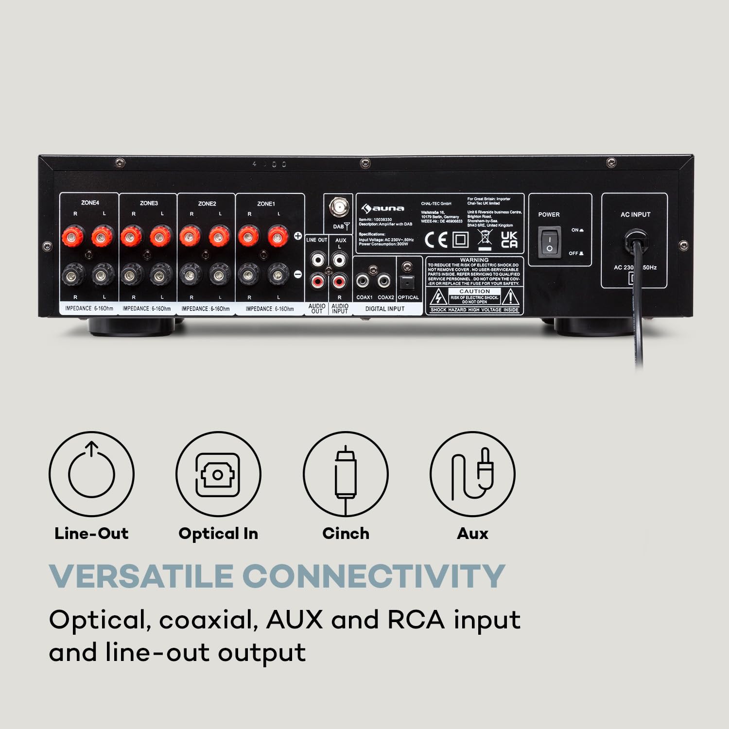 Auna AMP-4000 Dab Amplificador estéreo HiFi, Radio Dab+, Amplificador estéreo, USB, Mando a Distancia, con Pantalla LED, HiFi, Negro-Blanco