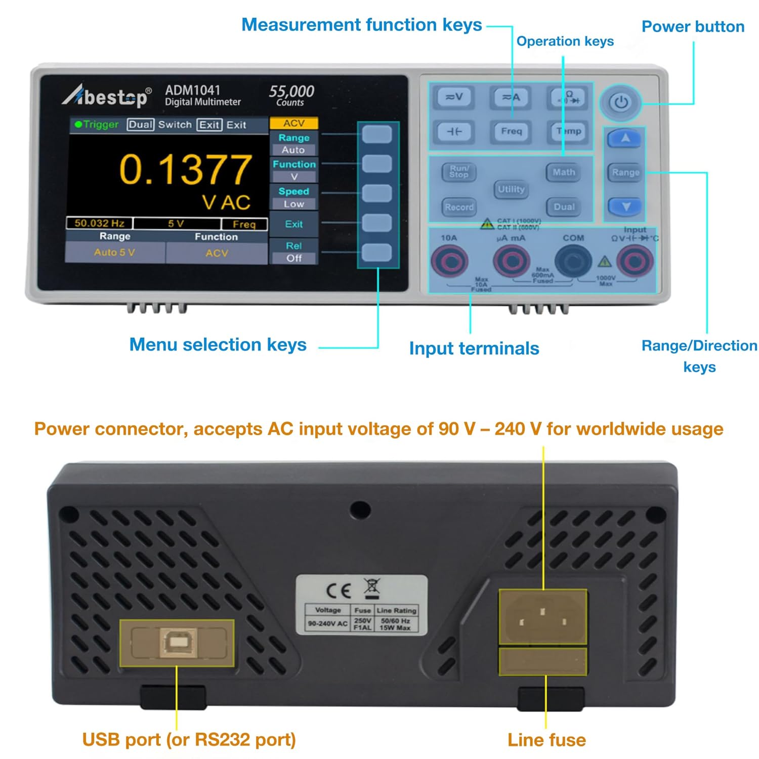 Abestop ADM1041 Multimeter, Bench Multimeter Tester, 1000V DC Voltage Tester and 10A AC/DC Current, True RMS, Resistance, Frequency, Capacitance, Diode, Continuity for Multiple Testing
