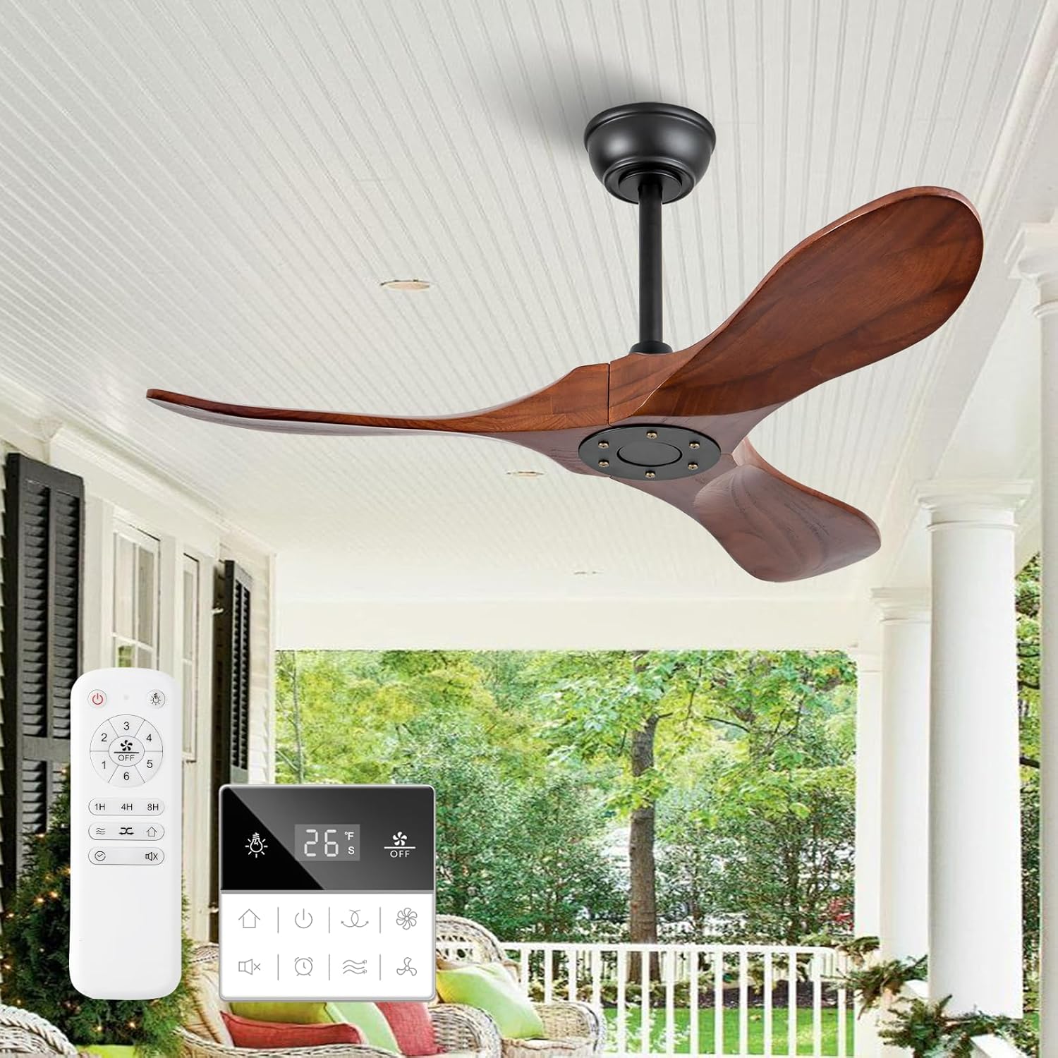 42 Inch Small Wooden Ceiling Fan Without Lights, 3 Blade Propeller, Remote Control, Walnut Finish, Indoor/Outdoor, Living Room, Bedroom, Porch, Farmhouse Walnut 42 Inch