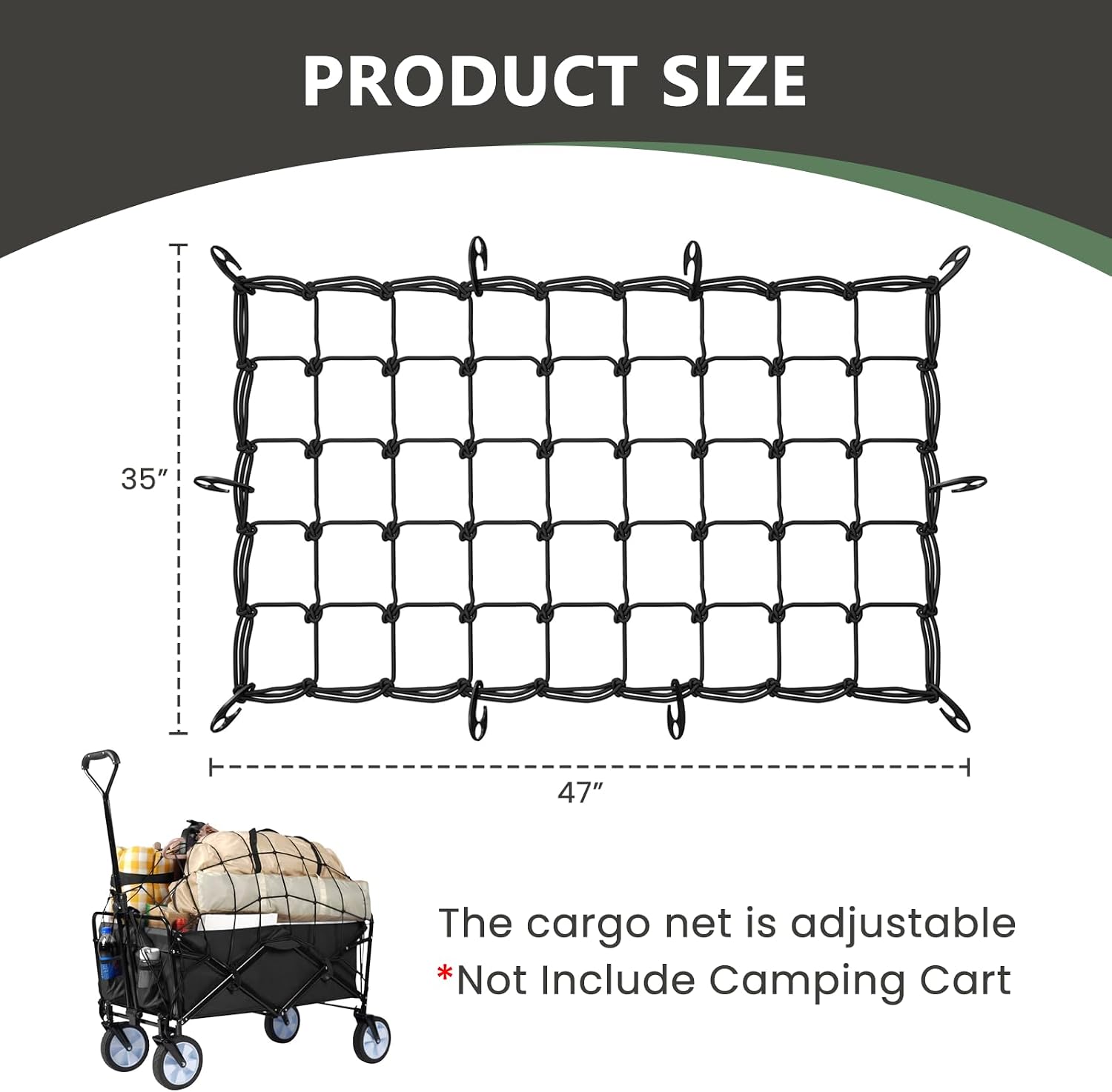 Cargo Net for Folding Wagon, Heavy Duty Elastic Mesh Cover with 12 Hooks, 47" x 35" Wagon Net for Beach Cart, Garden, Utility Cart and Camping Accessories, 1 Pc image 2
