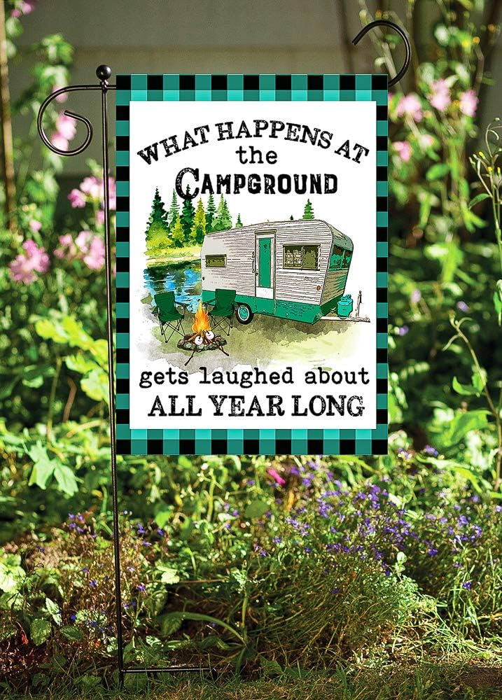 Bectine What Happens at the Campground Gets Laughed At All Year Camper Decorative Garden Flag, Double Sided, 12" x 18" Inches, Camping Trailer RV Yard Sign Banner