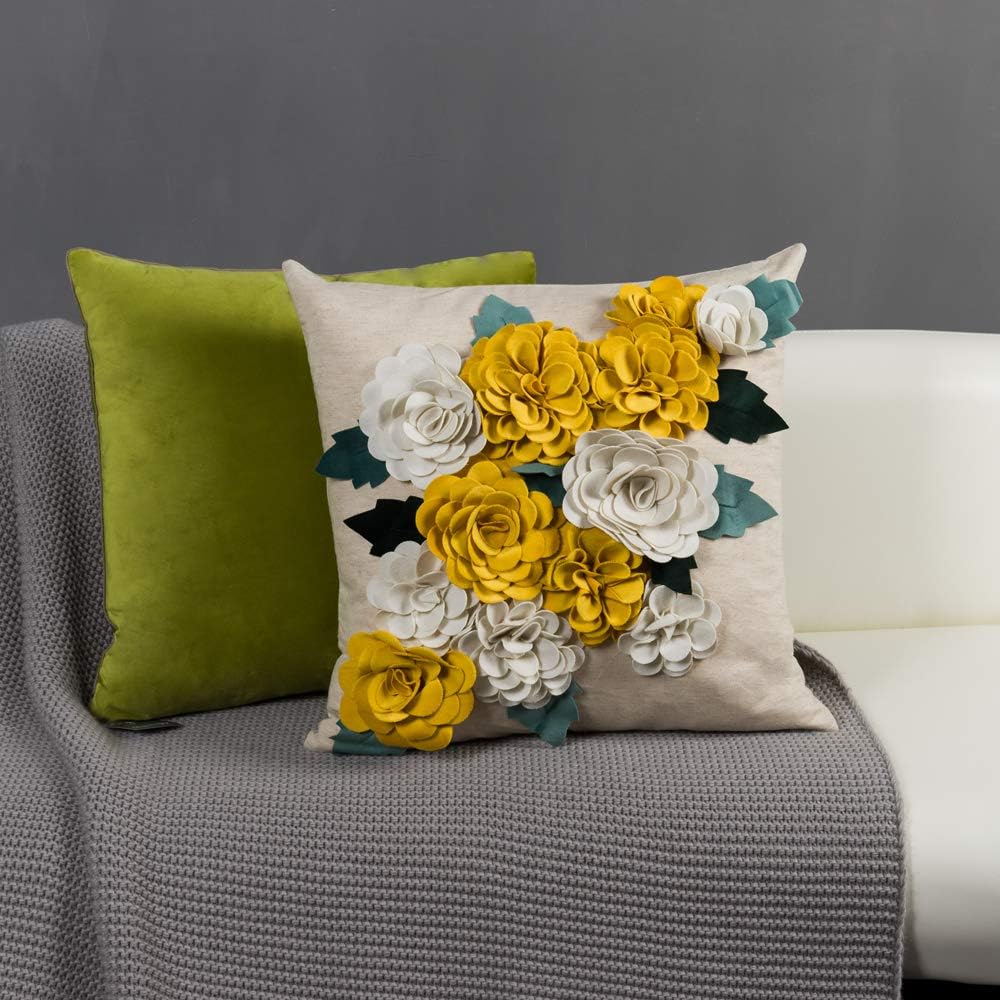 KINGROSE 3D Flower Throw Pillow Cover Home Decorative Accent Pillow Case Sham Square Cushion Cover Sofa Bed Couch Living Room 18 x 18 Inches Yellow White