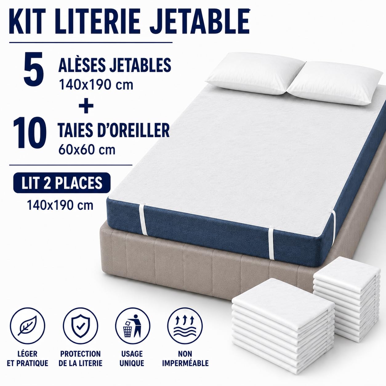 Kit Literie Jetable | 5 Alèses Matelas 140x190 cm + 10 Taies d’Oreiller 60x60 | Protection Literie Usage Unique | Non Imperméable | Hôtels, Hébergement Temporaire