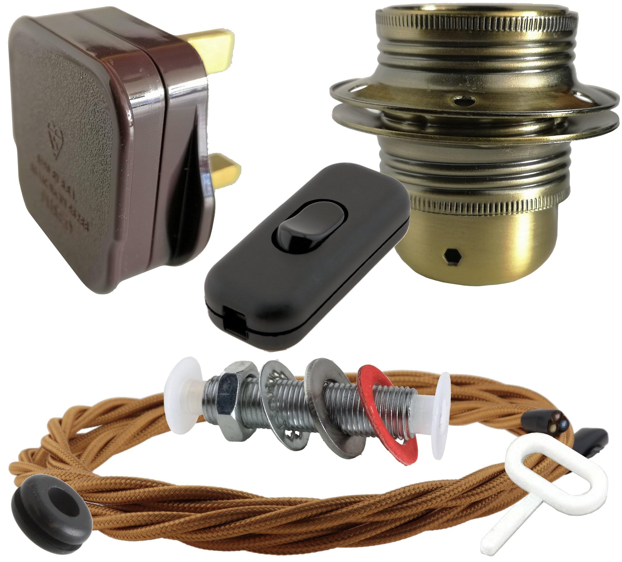 Art Deco Emporium Lamp Repair and Service Kit|Brown Plug|Antique Gold Flex|Black Switch|E27 Antique Brass Finish Lamp Holder Holder