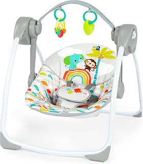 Bright Starts Playful Paradise Portable Baby Swing - Compact Foldable, 6 Speeds, 10 Melodies, Newborn to 9 Months