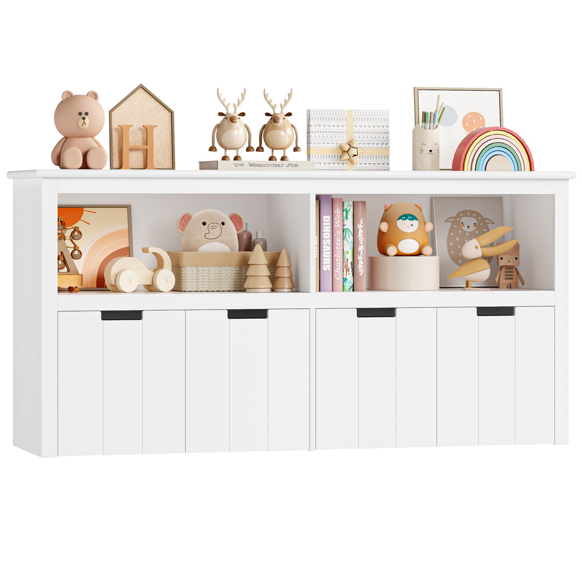 FOREHILL Larghezza 120 cm Scaffale Portagiochi Bambini, 4 Cassetti a Ruote, Libreria per Bambini con 2 Scomparti Aperti, Contenitore in Legno, per Cameretta e Stanza dei Giochi, 120x61.5x33cm, Bianco