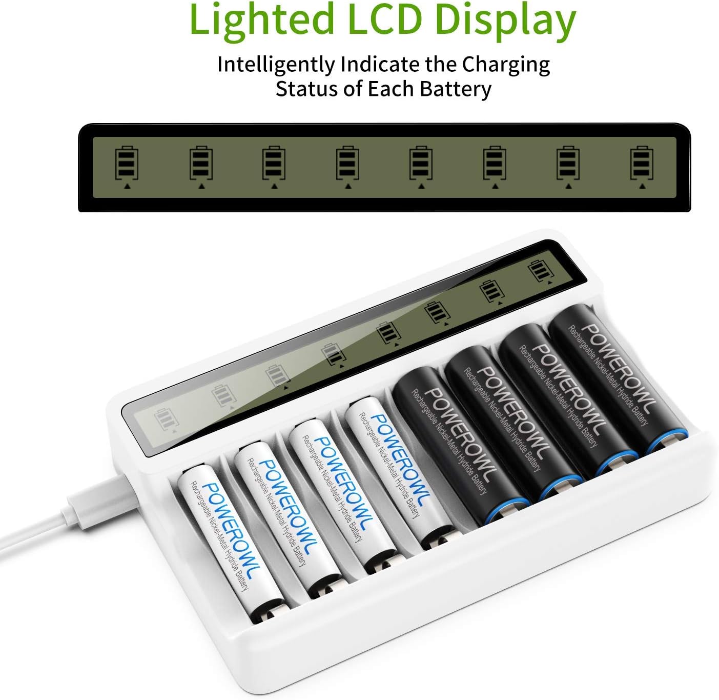 POWEROWL 8 Bay AA AAA Battery Charger with LCD Display (USB Quick Charging, Independent Slot) +AA 2800mAh & AAA 1000mAh 1.2V NiMH Battery Low Self Discharge, Pack of 16