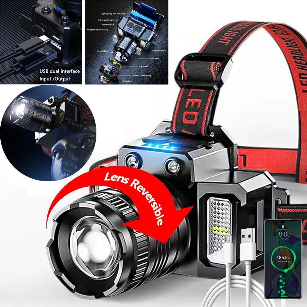 Wrrozz Stirnlampe Wiederaufladbare Stirnlampe LED, Super Hell Bewegungsmelder Kopflampe mit Rot/Weiß/Blau Licht, Wasserdicht Erwachsene Stirn Taschenlampe Scheinwerfer für Camping, Laufen, Wandern