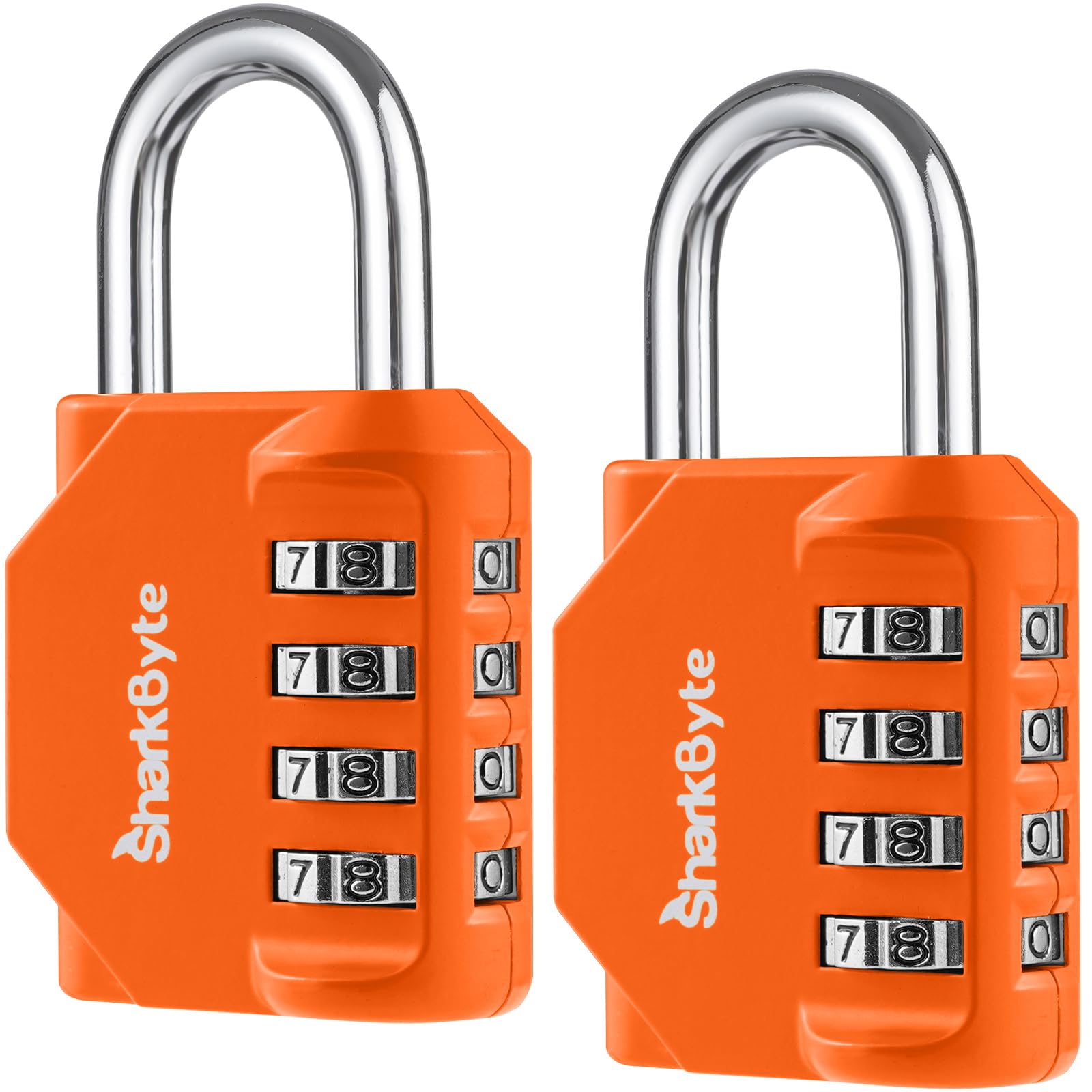 SharkByte 2 Pack Heavy Duty Combination Padlocks – 4-Digit Weatherproof Outdoor Lock, Keyless Resettable Lock for Gym, School, Locker, Shed, Toolbox, Storage & Site Use - Orange
