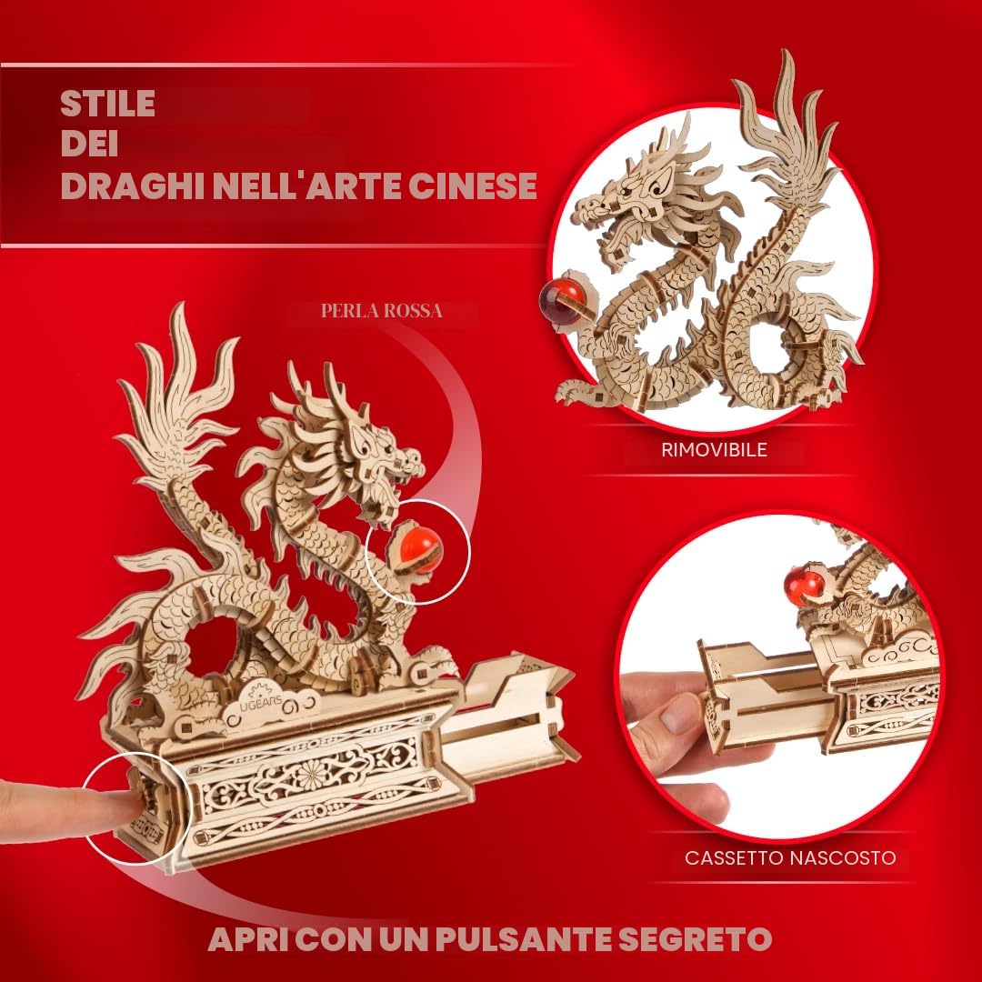 UGEARS Puzzle 3D Drago di Legno - Kit di Costruzione per Adulti - Puzzle Drago Cinese 3D in Legno per Uomini