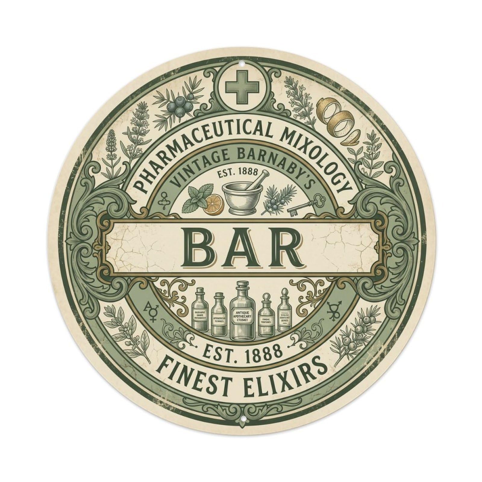 BAR Vintage Apothecary Shield Metal Tin Sign Plaque Wall Decor for Cafe, Club Bar, Office, Home Garden Round Metal Poster 8x8Inch