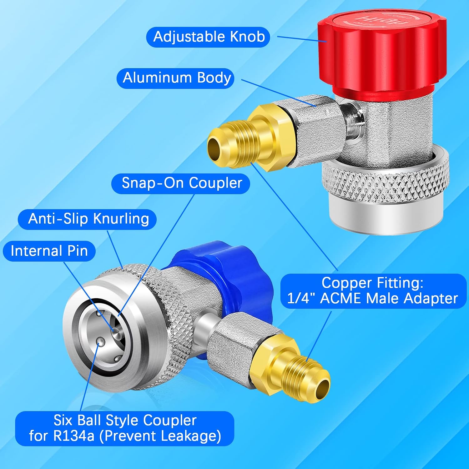 Car A/C R1234YF R134A Adapters, High/Low Side R134a to R1234yf Conversion Adapter Kit, R134a & R1234yf Quick Couplers, for R134a & R1234yf Car Air Conditioning Systems