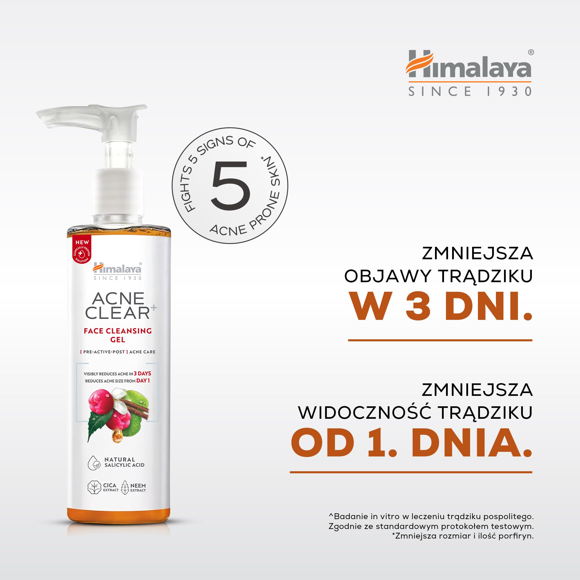 Himalaya Acne Clear+ Żel do mycia twarzy, 200 ml – kwas salicylowy, CICA i neem – zwalcza 5 objawów trądziku, w 97% pochodzenia naturalnego – delikatny, niekomedogenny środek czyszczący